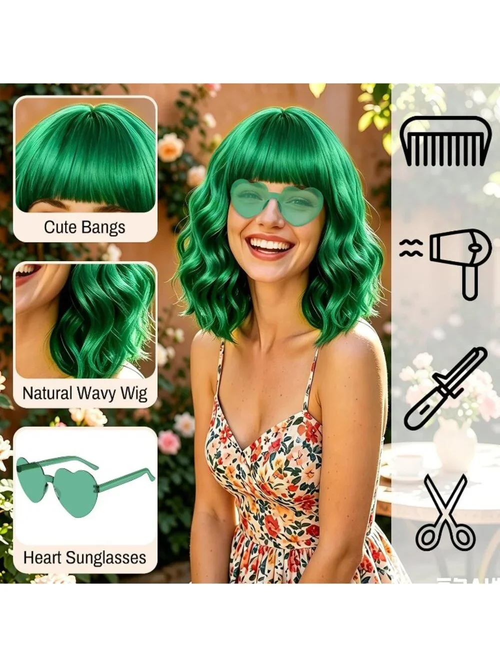 Women's Green Curly Bob Synthetic Wigs Bangs With Neon Heart Sunglasses